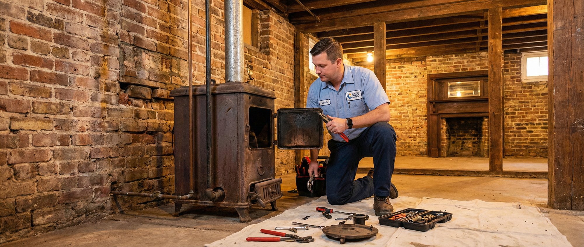 Coastal Carolina Comfort technician performing heating repair in historic downtown Summerville