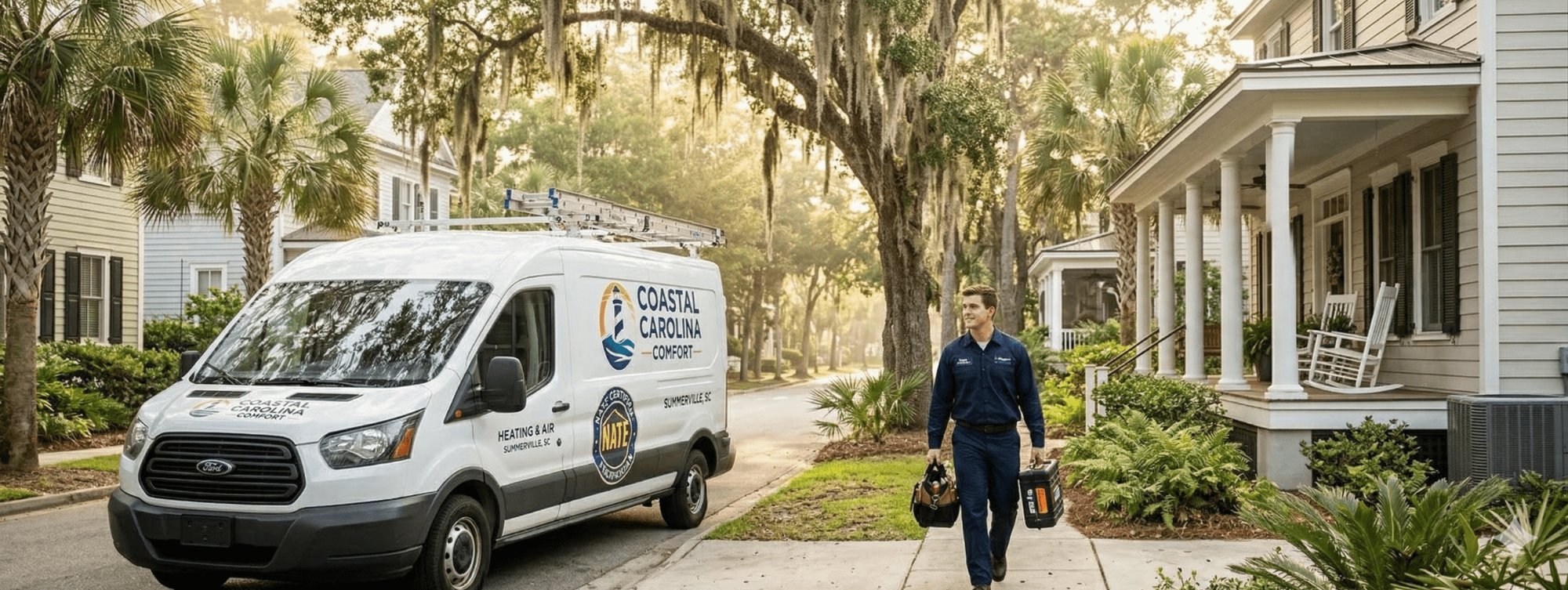 Coastal Carolina Comfort service van and technician arriving at a residential home in Summerville, SC